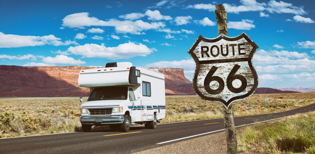 Driving motorhome through National Park USA on Route 66