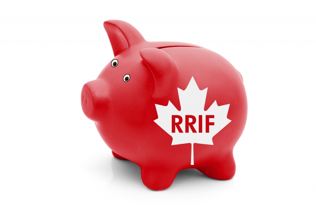 Red piggy bank with RRIF on the side