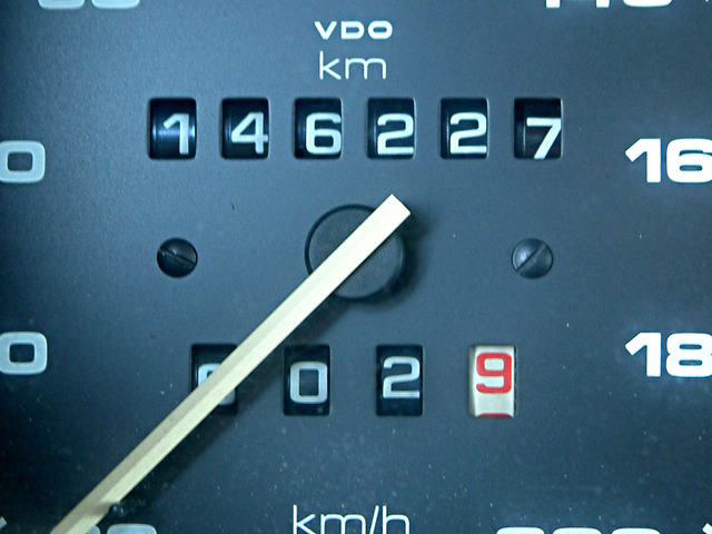 An odometer on a car