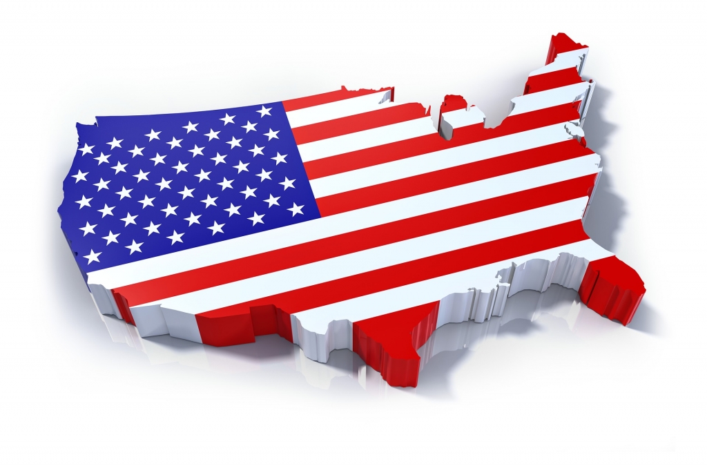 map of USA with USA flag inside map