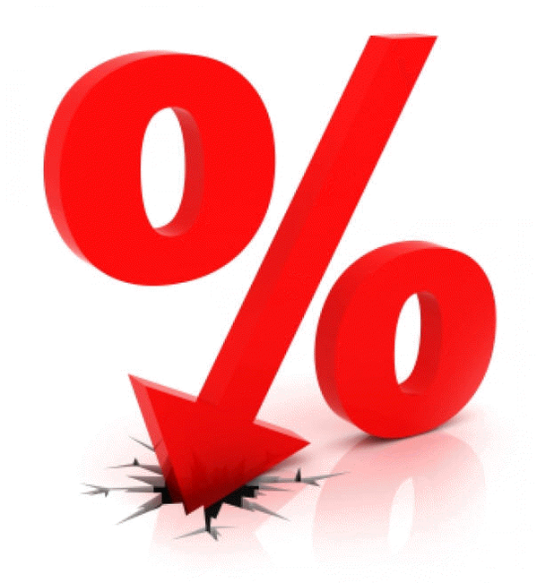 Red percent sign with an arrow pointing down in the middle.