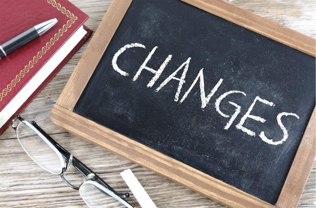 The word 'changes' written on a mini chalkboard with a red book, pen and set of reading glasses on the table