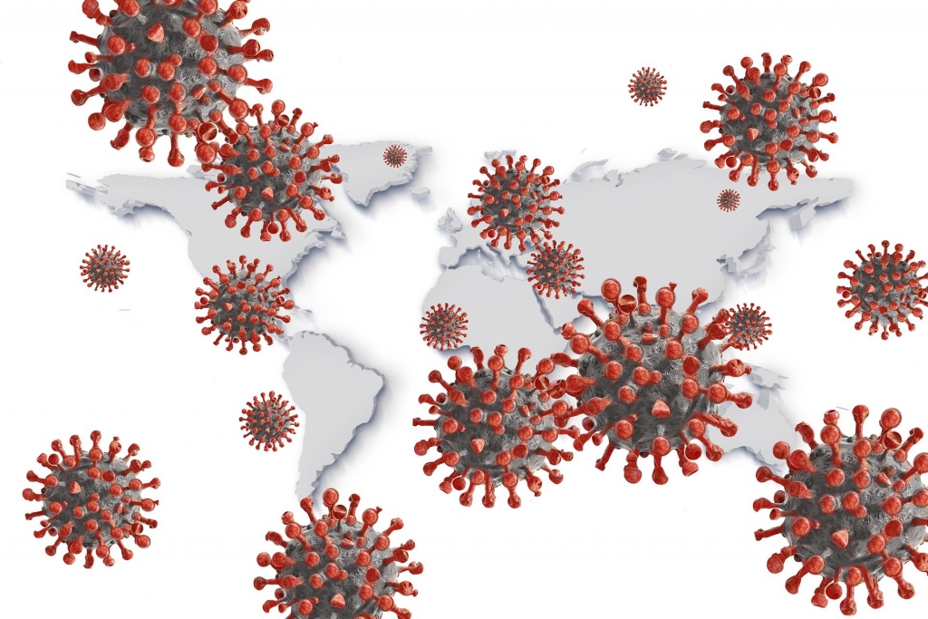 world map with COVID virus on top of map