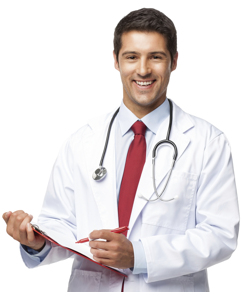 male doctor holding a chart and pen. White background.