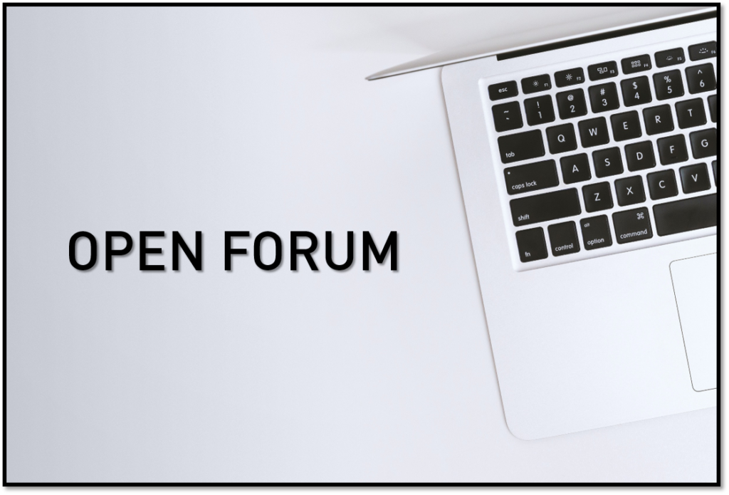 The words 'Open Forum" written alongside a laptop computer.