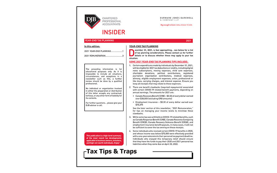 Cover of Tax Tips & Traps newsletter - 2021 year-end