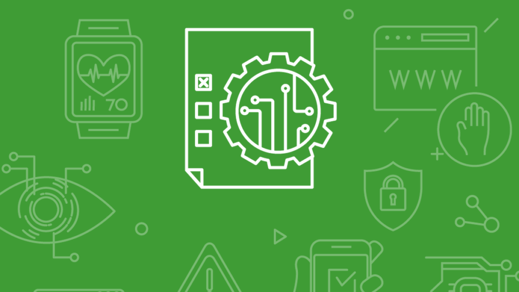 Green background with computer generated cog with a checklist and other randomized images overlayed