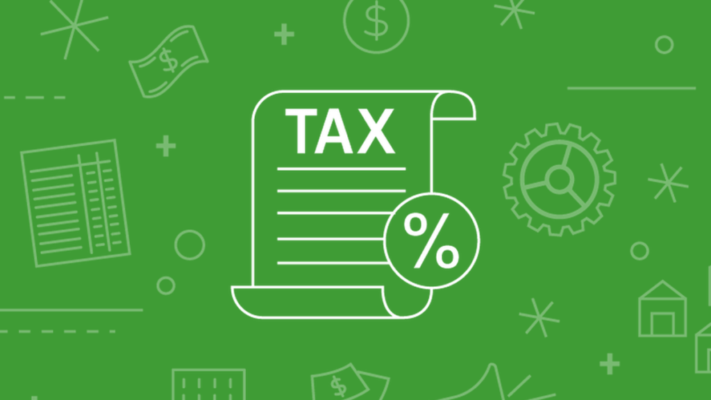 Green background with a computer generated image of a scroll with the word tax and a percentage symbol on it.