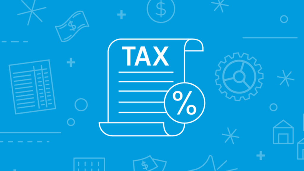 Blue background with a computer generated image of a scroll with the word tax and a percentage symbol on it.