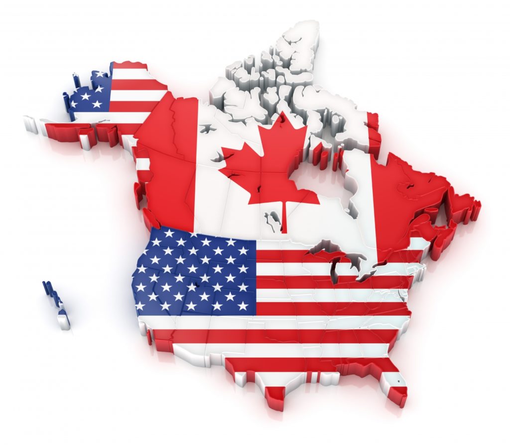 Map of Canada and USA with flags