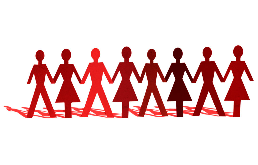 Red, black and gray paper cutouts of people holding hands. Male and female.
