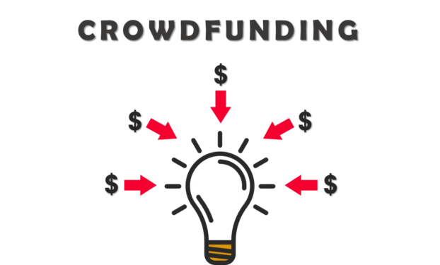 The word crowdfunding with an image of a lightbulb underneath. $ with arrows pointing towards the lightbulb.