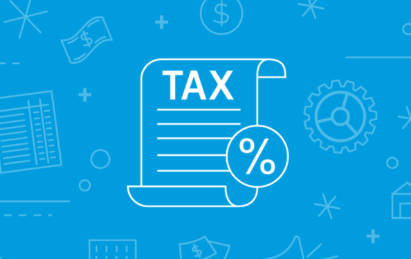 Blue background with a computer generated image of a scroll with the word tax and a percentage symbol on it.