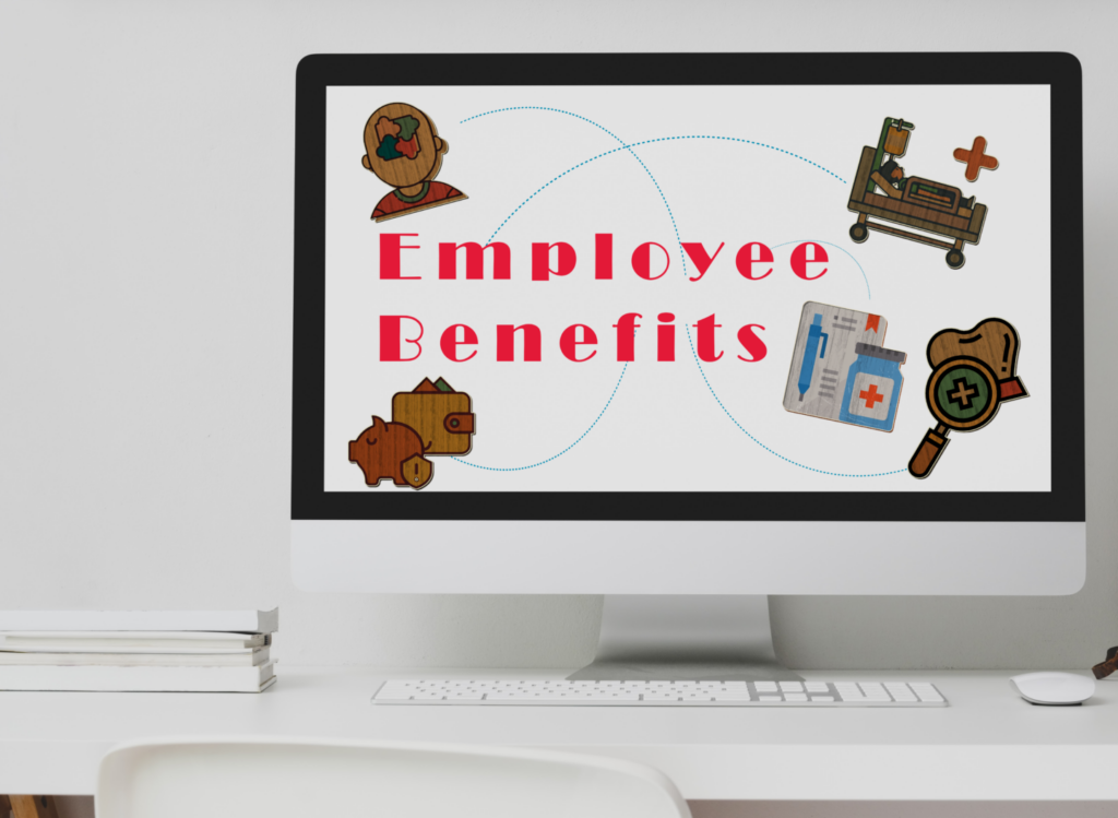 Computer screen with the words in red Employee Benefits.