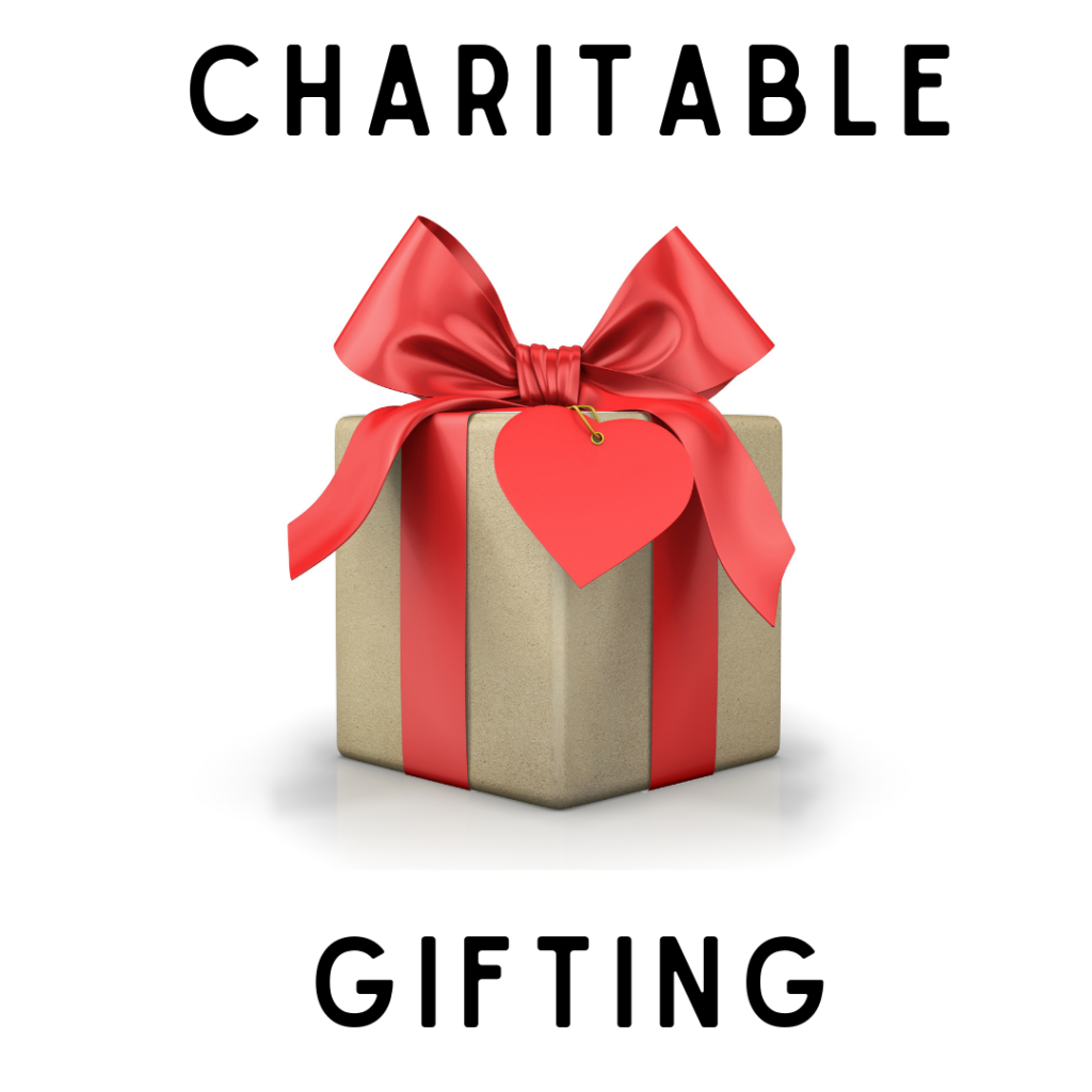 Charitable Gifting written on image with photo of present, red bow.