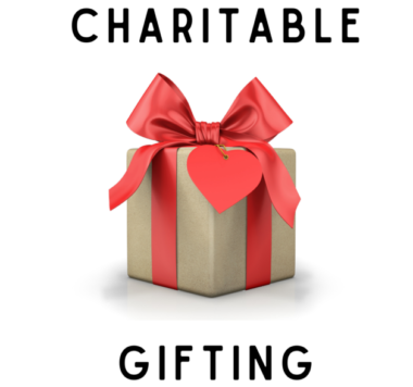 Charitable Gifting written on image with photo of present, red bow.