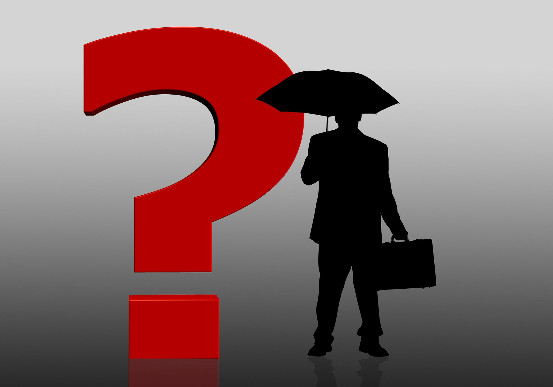Red question mark with a black silhouette of a man holding an umbrella and suitcase