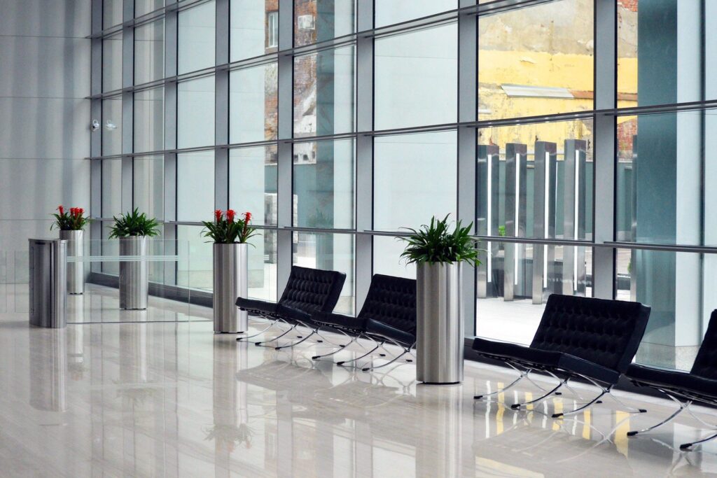 office boardroom table, skyscraper with windows