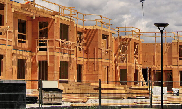 Building block of a wooden apartment house, crane