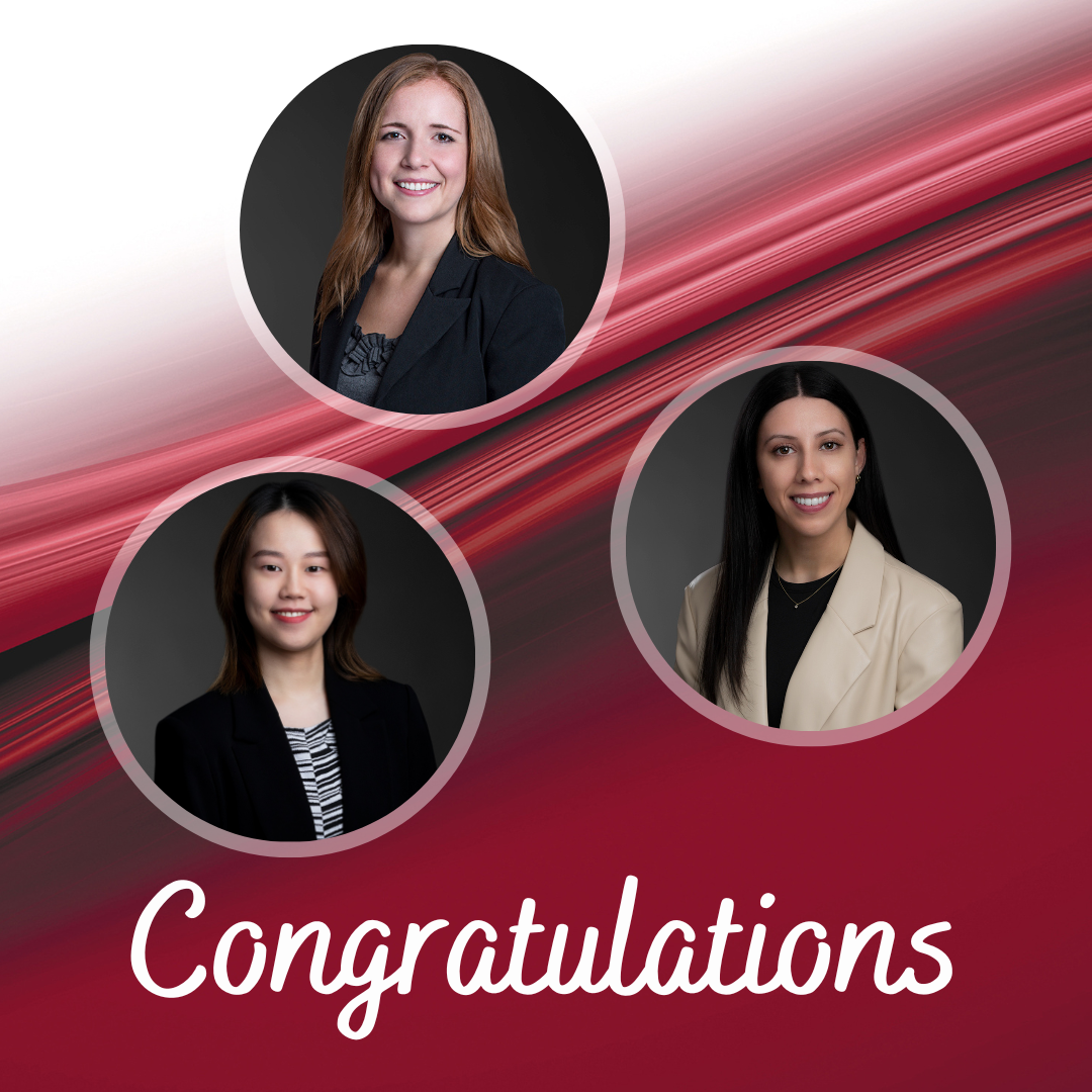 Professional photo of Erin Dubecki, Emily Petro, and Amy Wu with the word Congratulations written in white underneath. Red/white background.