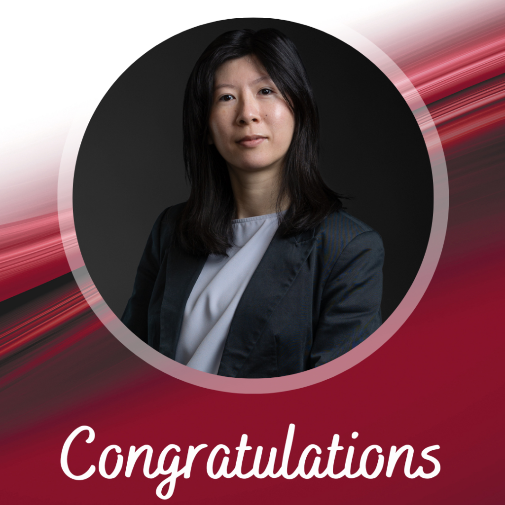 Professional photo of Rachel Mak with the word Congratulations written underneath. Background colours red/white/black.