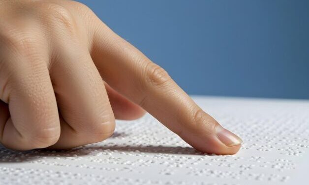 Close up of person reading braille. Only person's finger is visible. The background is blue.