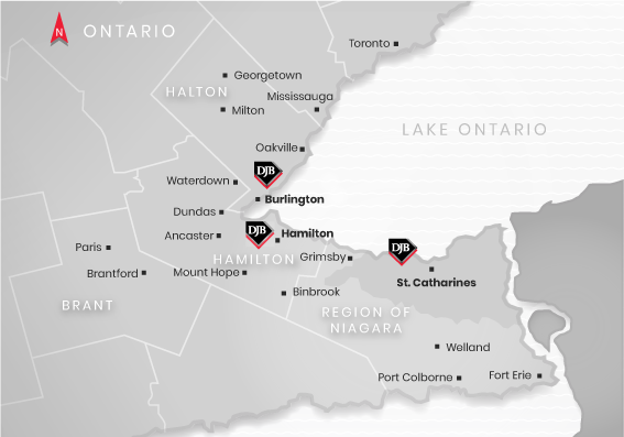 Map of DJB office locations (Burlington, Hamilton, and St. Catharines)