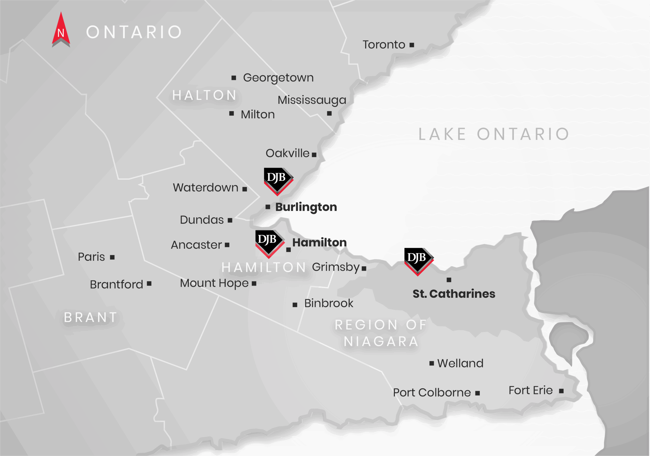 Map of DJB office locations (Burlington, Hamilton, and St. Catharines)