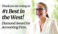 A professional women laughing with the words "Thank you for voting us #1 Best in the West! Diamond Award for Accounting Firm." written in black on top of the image.
