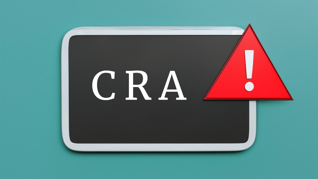 Computer screen with red caution sign and the word CRA on it. Blue background.