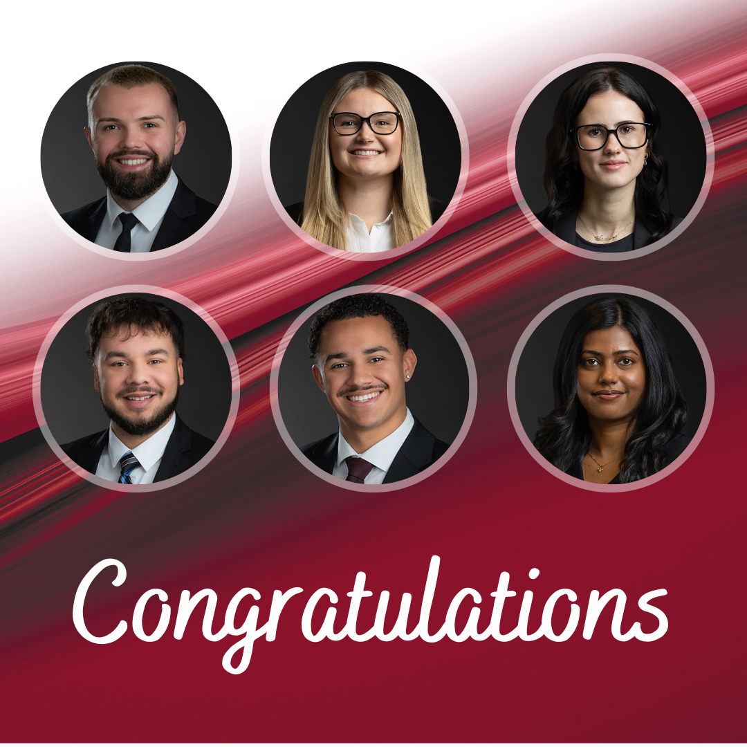 Professional photos of Aziz Basic, MAcc, Jessica Richard-Brain, MAcc, Hailey D’Angela, Peter R., Kersey Robinson, and Ruwani Thambavita with a red gradient background