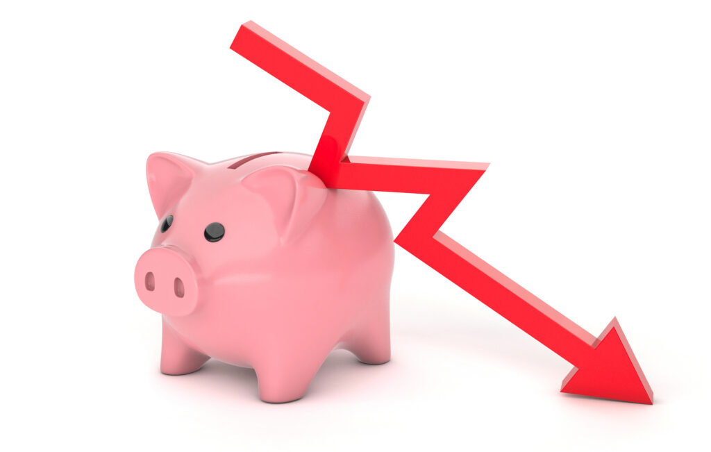 Piggy bank and red down arrow. Savings loss schedule, bankruptcy, failure. isolated on white background. 3d render.
