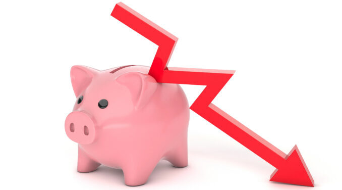 Piggy bank and red down arrow. Savings loss schedule, bankruptcy, failure. isolated on white background. 3d render.