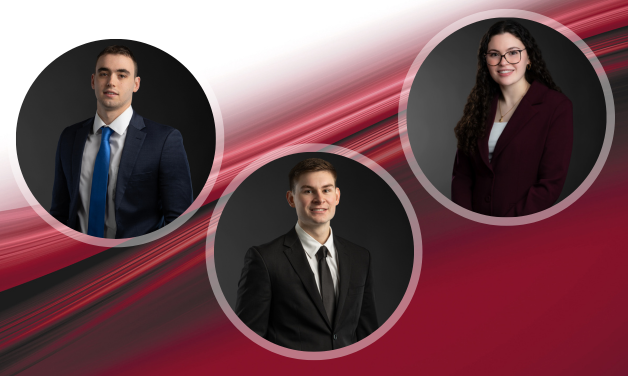 Professional photos of Michael Lloyd, Brett Schenk, and Sierra Varga. Red ribbon background.
