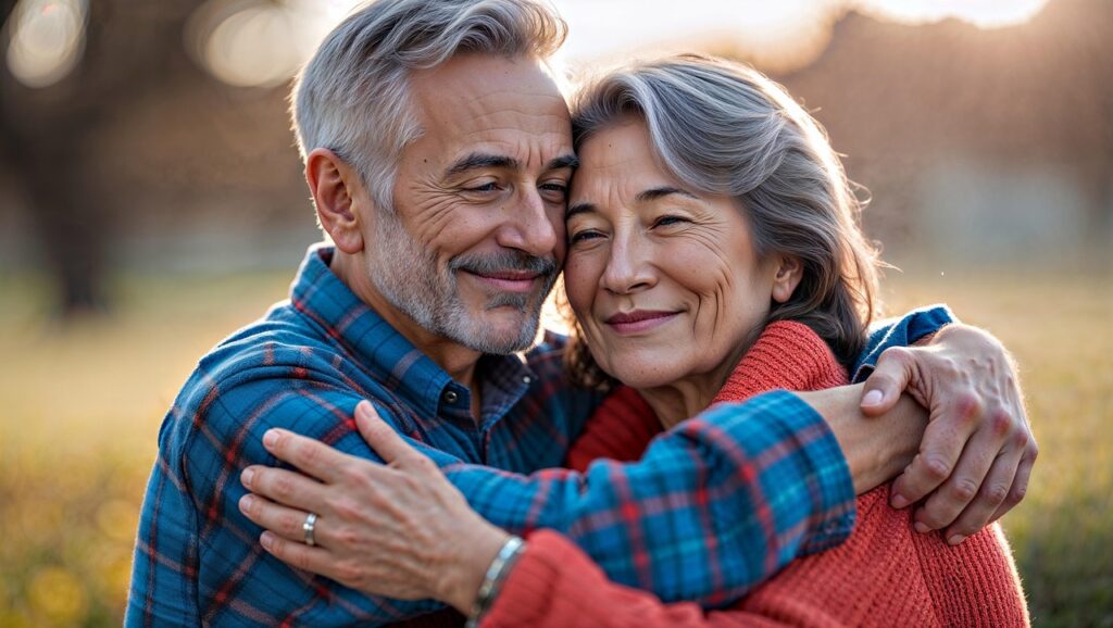Photo of elderly couple close up hugging.