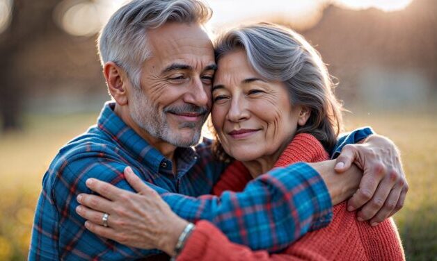 Photo of elderly couple close up hugging.